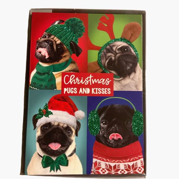 Christmas Cards Pugs and Kisses Boxed New 12 Cards Envelopes - Picture 1 of 4